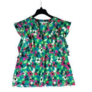 Zach & Rachel Womans Sz Large Blouse Sleeveless Ruffle Floral Green V Neck